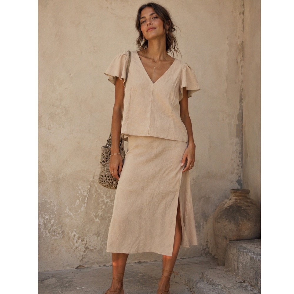 Womens Beige 2 Piece Matching Set Flutter Sleeve Top and Midi Skirt Size 6 Boho